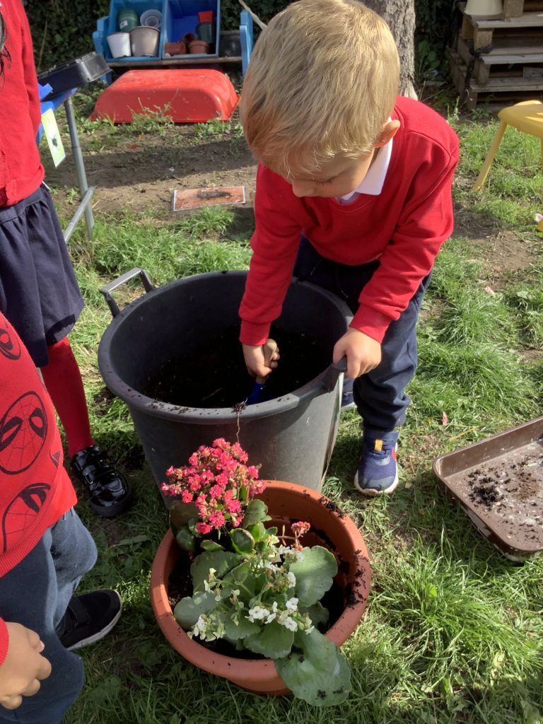 child planting flowers in school garden