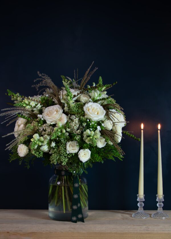 the woman in white bouquet