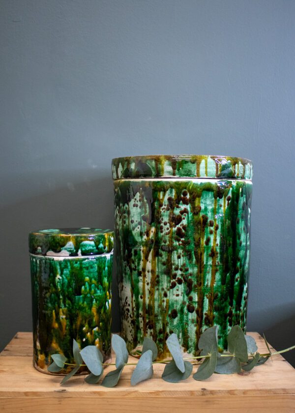 green glazed apothecary jar